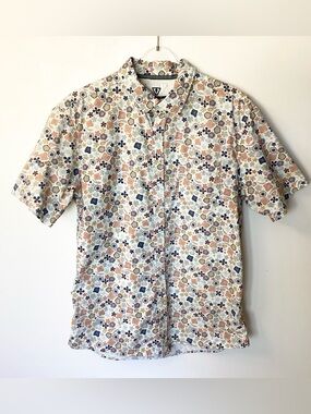 Vissla Short Sleeve Floral Button Up Shirt - Blue/Orange - L